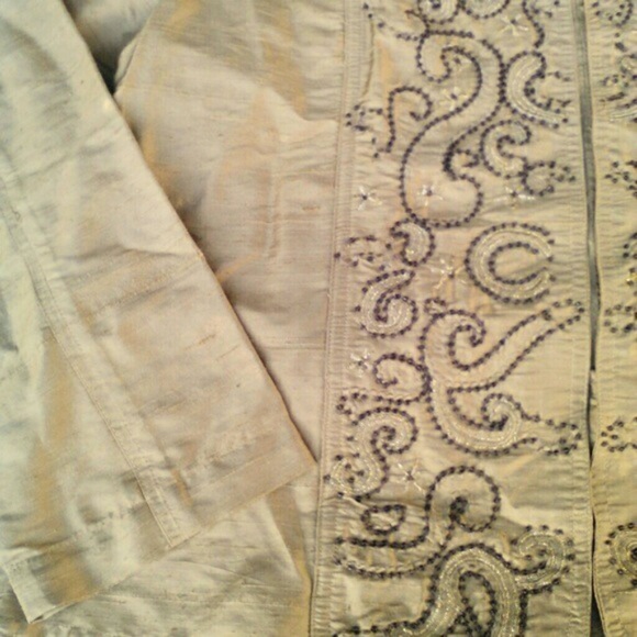 Beaded Gold 100% Silk Chico's Mandarin Embroidered Beaded Kimono Blazer Jacket - Picture 2 of 8